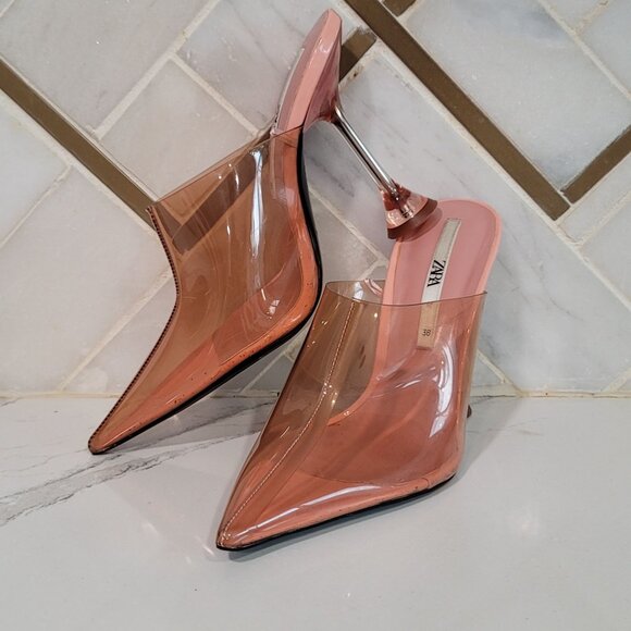 ZARA Vinyl heeled mules pointed toes transparent heels rose color Size 38 US 7.5 - Picture 14 of 15